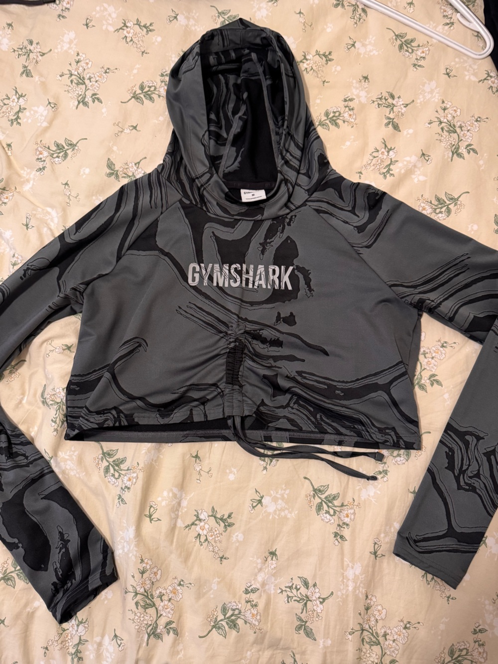 Gymshark Women's Black Marble Hooded Crop Shirt